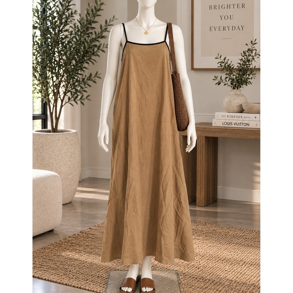 Shy Velvet Womens Dress Brown 100% Linen Contrast Trim Maxi Size Extra Small